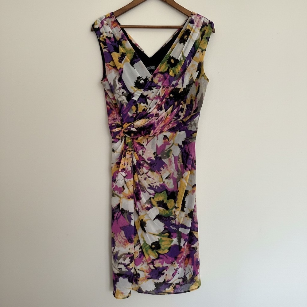Adrianna Papell Womens Floral Faux Wrap Sheath Dress Purple Yellow Sleeveless 12